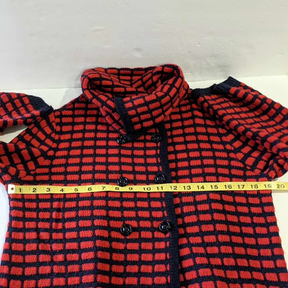 Beth Bowley Cardigan Sweater Red Blue Wool Cowl Neck Check Size Small - Picture 13 of 15